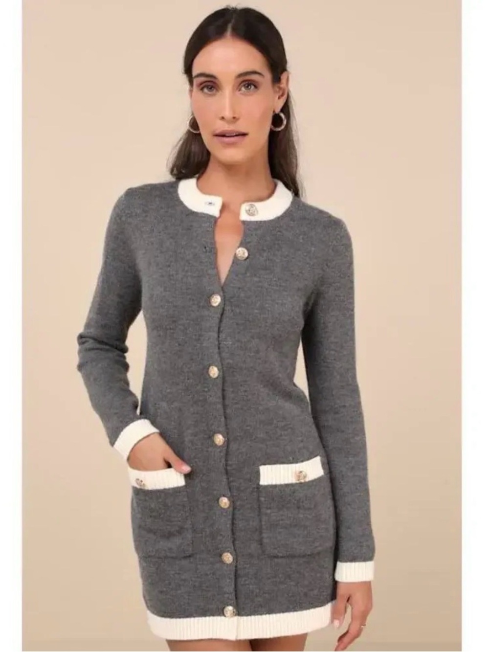 New Lulu’s Grey Button-Up Sweater mini dress